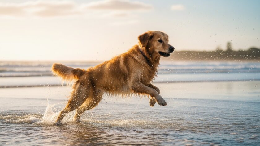 Epic moment of a golden retriever joyfully leaping through shallow waves on Somers Beach at sunset, with golden light reflecting on the water, perfectly captured by Somers Victoria professional pet photography.