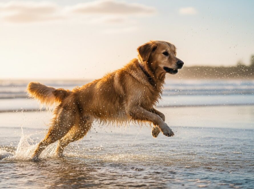 Epic moment of a golden retriever joyfully leaping through shallow waves on Somers Beach at sunset, with golden light reflecting on the water, perfectly captured by Somers Victoria professional pet photography.