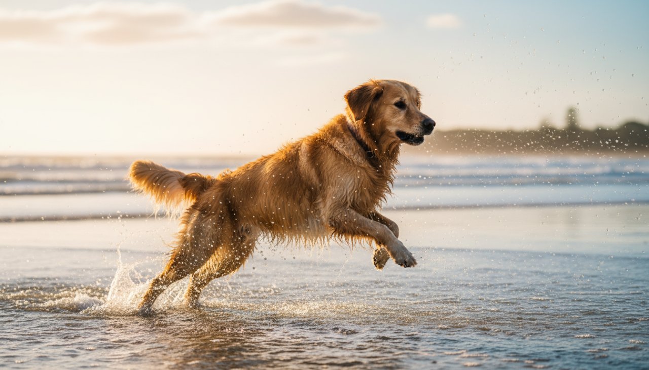 Epic moment of a golden retriever joyfully leaping through shallow waves on Somers Beach at sunset, with golden light reflecting on the water, perfectly captured by Somers Victoria professional pet photography.