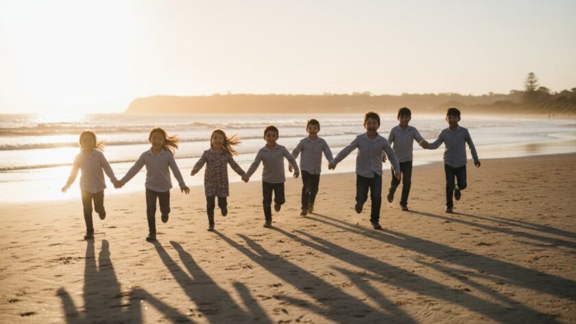 Joyful Somers Victoria school photography storytelling moment showing a group of primary school children laughing and running on the Somers Beach foreshore with the morning sun creating a warm, golden glow, captured by a professional photographer.