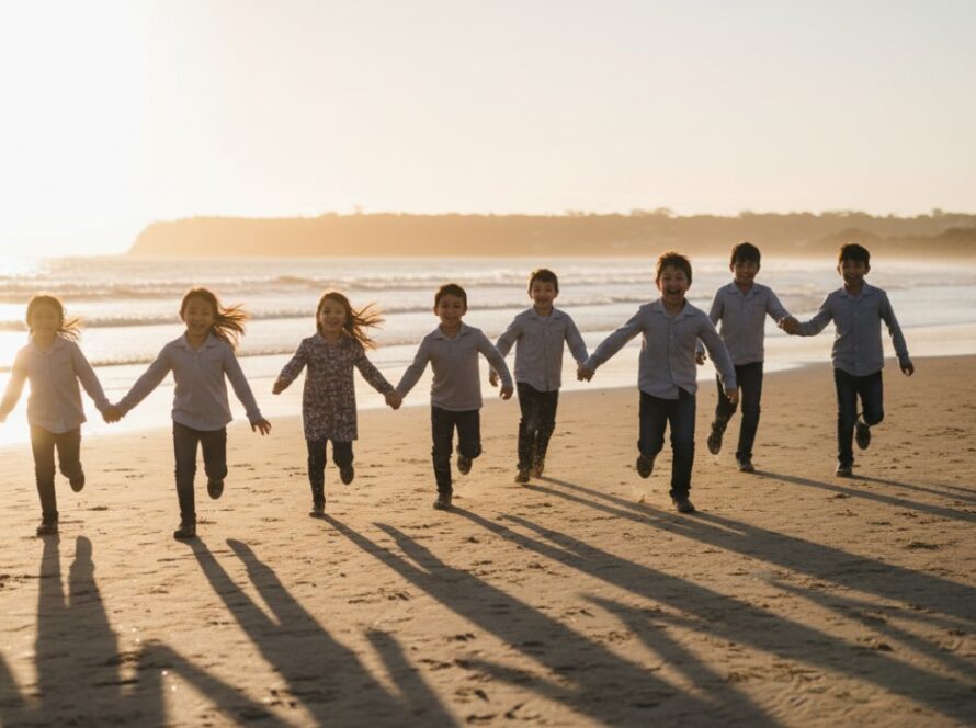 Joyful Somers Victoria school photography storytelling moment showing a group of primary school children laughing and running on the Somers Beach foreshore with the morning sun creating a warm, golden glow, captured by a professional photographer.