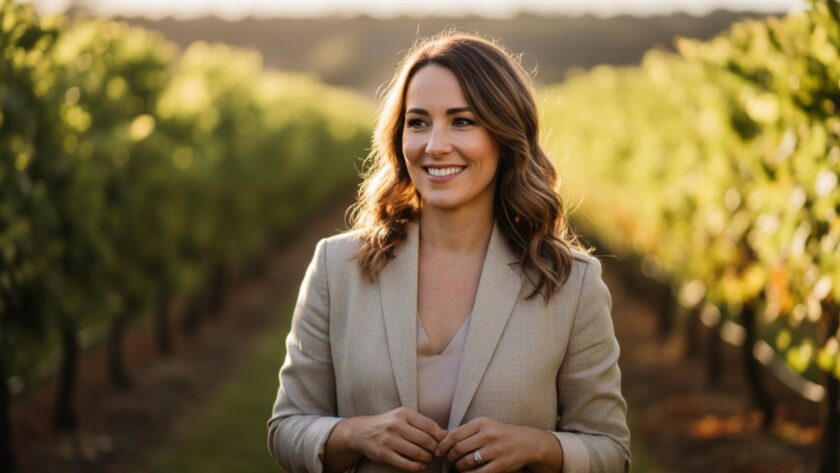 A confident Somerville entrepreneur smiling genuinely, captured in an authentic professional headshot for career growth, standing against the soft, natural light of a Somerville vineyard, reflecting their approachable expertise.