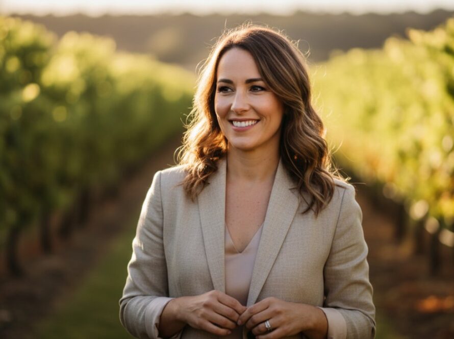 A confident Somerville entrepreneur smiling genuinely, captured in an authentic professional headshot for career growth, standing against the soft, natural light of a Somerville vineyard, reflecting their approachable expertise.