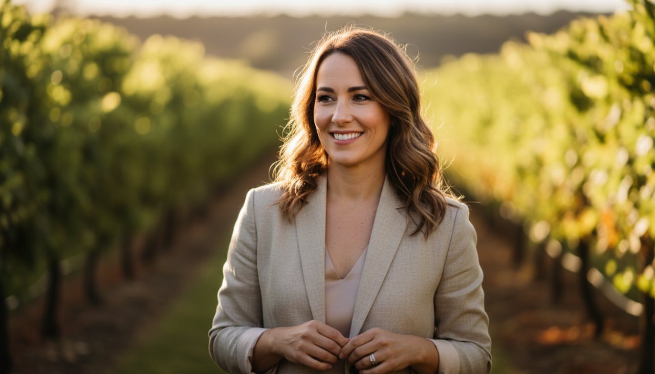 A confident Somerville entrepreneur smiling genuinely, captured in an authentic professional headshot for career growth, standing against the soft, natural light of a Somerville vineyard, reflecting their approachable expertise.