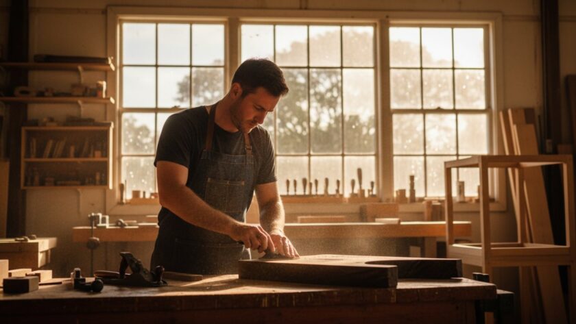 An evocative, wide-angle shot of a local artisan in Somerville meticulously crafting a unique product, illuminated by natural light, showcasing the authenticity of Somerville Business Visual Branding Photography.
