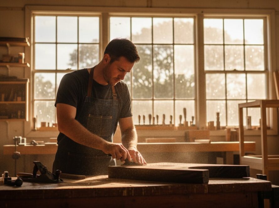 An evocative, wide-angle shot of a local artisan in Somerville meticulously crafting a unique product, illuminated by natural light, showcasing the authenticity of Somerville Business Visual Branding Photography.