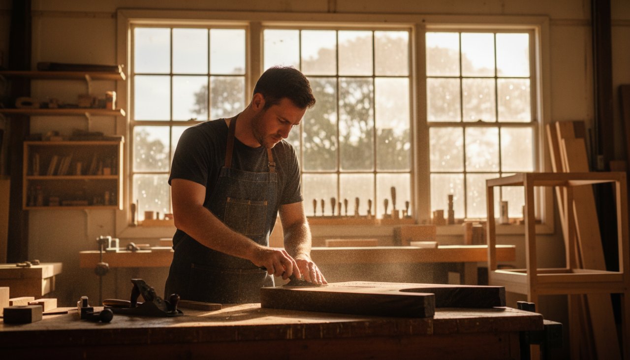 An evocative, wide-angle shot of a local artisan in Somerville meticulously crafting a unique product, illuminated by natural light, showcasing the authenticity of Somerville Business Visual Branding Photography.