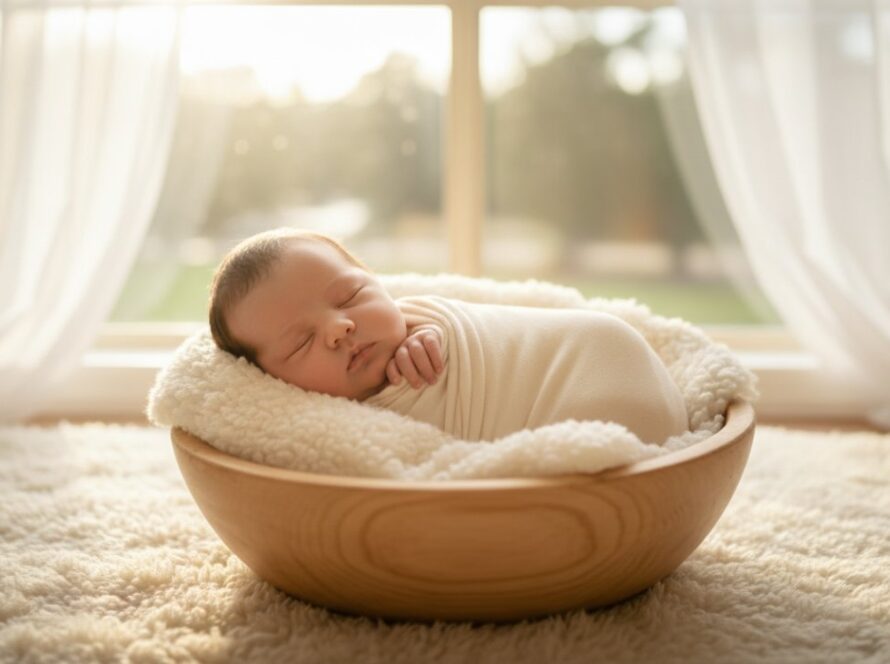 A tender, cinematic wide shot of a newborn baby peacefully sleeping in a rustic wooden basket, surrounded by soft, natural light filtering through a window, capturing Somerville newborn photography treasured memories with a dreamy, ethereal quality.