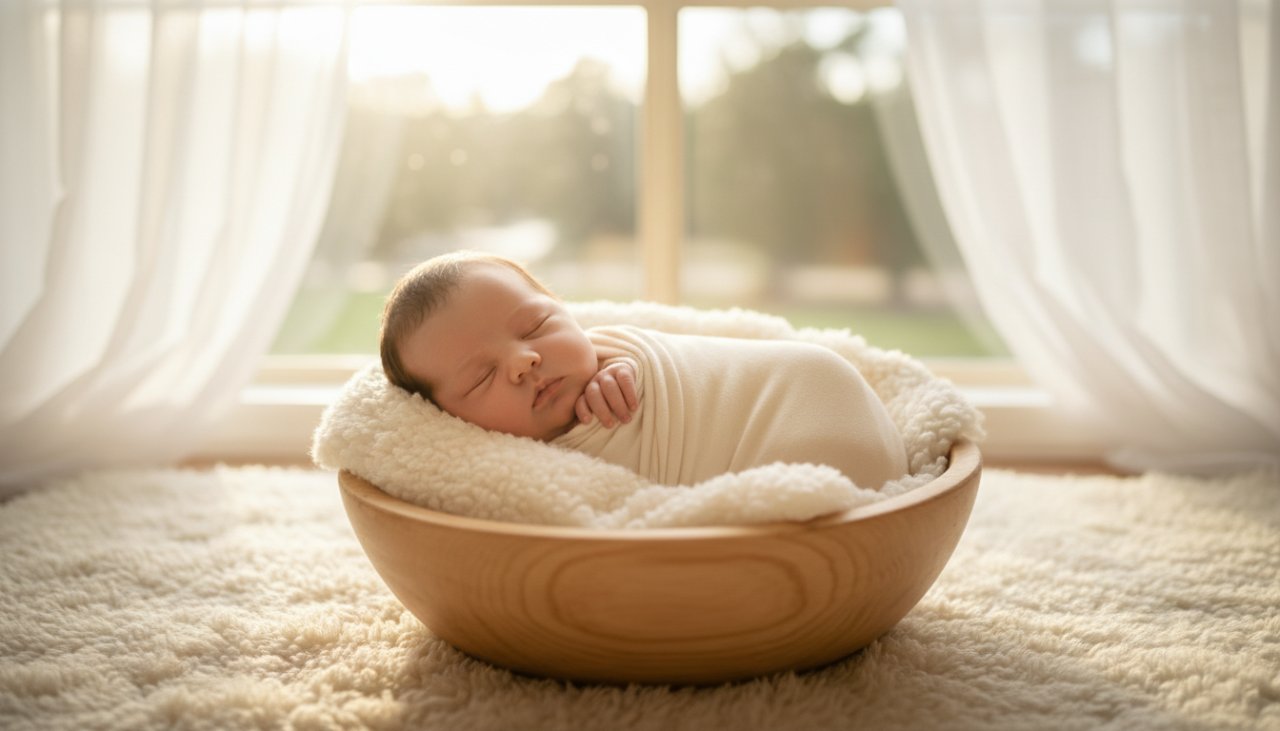 A tender, cinematic wide shot of a newborn baby peacefully sleeping in a rustic wooden basket, surrounded by soft, natural light filtering through a window, capturing Somerville newborn photography treasured memories with a dreamy, ethereal quality.