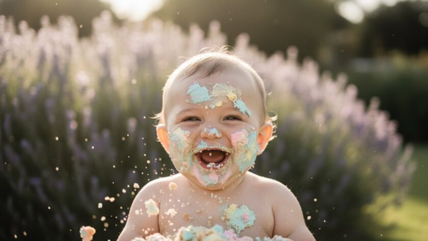 An adorable one-year-old child, mid-giggle, covered in vibrant blue and white cake frosting during a Somerville Victoria first birthday cake smash photoshoot, with natural light streaming through a studio window, capturing a truly epic moment of pure delight.