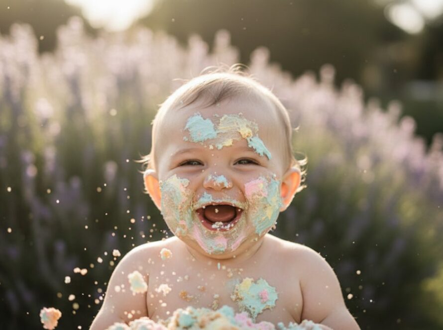 An adorable one-year-old child, mid-giggle, covered in vibrant blue and white cake frosting during a Somerville Victoria first birthday cake smash photoshoot, with natural light streaming through a studio window, capturing a truly epic moment of pure delight.