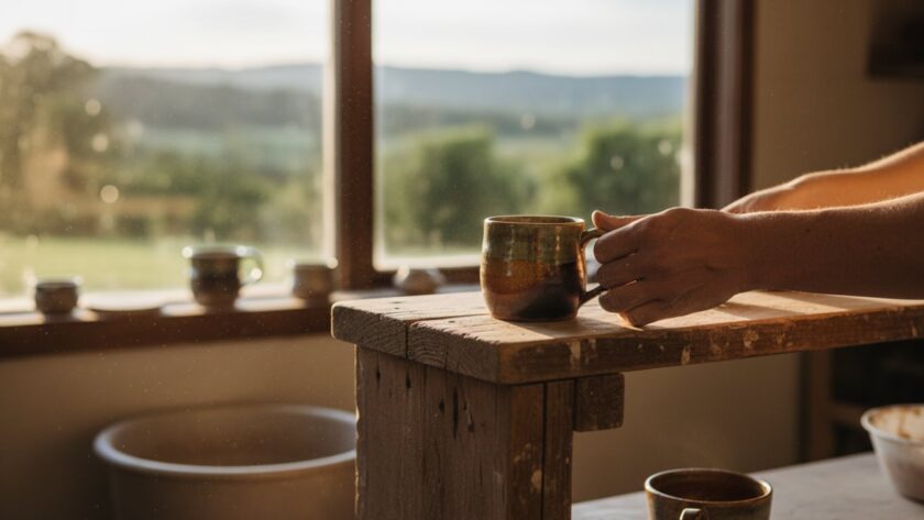Dynamic hero shot featuring an artisan's handcrafted product, bathed in golden hour light within a rustic Somerville workshop, perfectly showcasing Somerville Victoria product photography for small businesses.