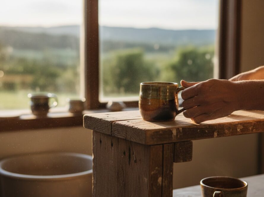 Dynamic hero shot featuring an artisan's handcrafted product, bathed in golden hour light within a rustic Somerville workshop, perfectly showcasing Somerville Victoria product photography for small businesses.