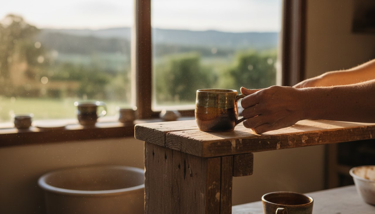 Dynamic hero shot featuring an artisan's handcrafted product, bathed in golden hour light within a rustic Somerville workshop, perfectly showcasing Somerville Victoria product photography for small businesses.