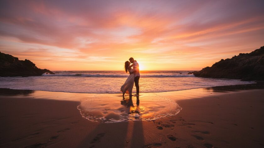 An epic moment of a couple embracing passionately at sunset on the sandy shore, waves gently lapping, capturing their Sorrento Beachfront engagement photos Victoria against the golden hour glow.
