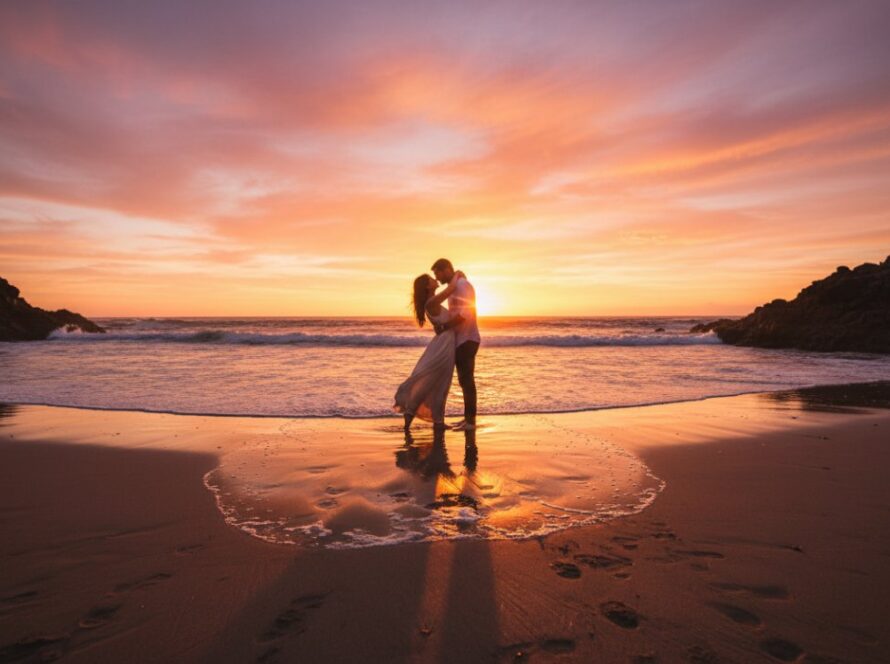 An epic moment of a couple embracing passionately at sunset on the sandy shore, waves gently lapping, capturing their Sorrento Beachfront engagement photos Victoria against the golden hour glow.