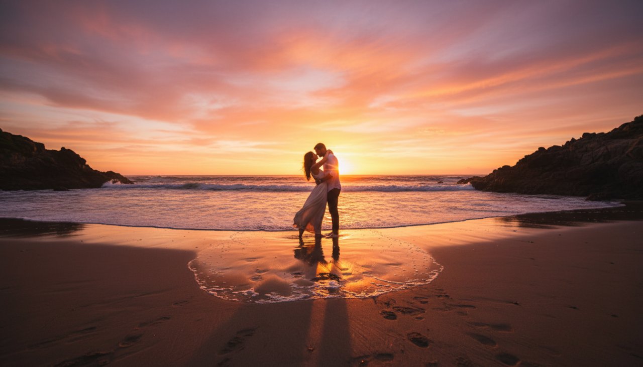 An epic moment of a couple embracing passionately at sunset on the sandy shore, waves gently lapping, capturing their Sorrento Beachfront engagement photos Victoria against the golden hour glow.