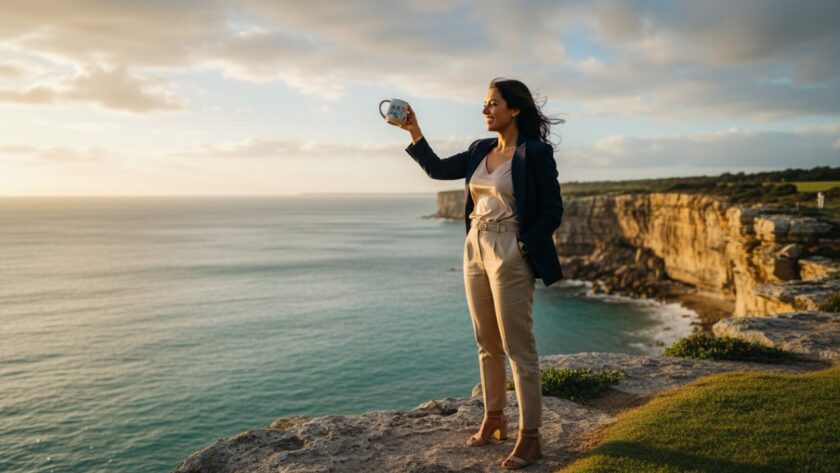 An 'epic moment' style photograph showing a dynamic female entrepreneur laughing genuinely while connecting with a client, set against a blurred backdrop of Sorrento's iconic limestone cliffs and pristine beach, bathed in golden hour light. The scene captures the authentic, vibrant essence of Sorrento branding photography for coastal businesses.