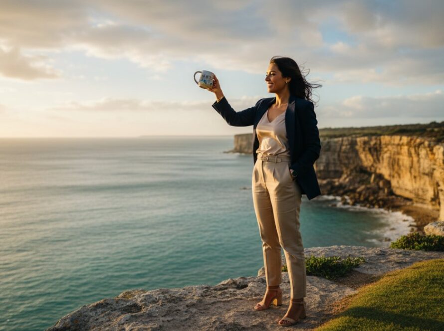 An 'epic moment' style photograph showing a dynamic female entrepreneur laughing genuinely while connecting with a client, set against a blurred backdrop of Sorrento's iconic limestone cliffs and pristine beach, bathed in golden hour light. The scene captures the authentic, vibrant essence of Sorrento branding photography for coastal businesses.