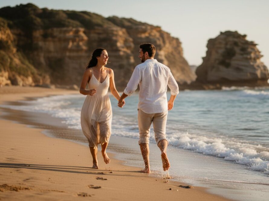 A couple laughing joyfully during their Sorrento candid photography capturing authentic moments session, walking hand-in-hand along the golden sands of Sorrento Beach at sunset, with the calm bay waters reflecting the warm colours of the sky, showcasing genuine emotion and connection.