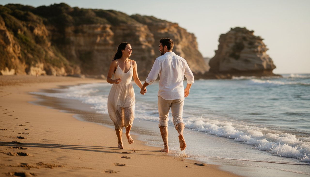 A couple laughing joyfully during their Sorrento candid photography capturing authentic moments session, walking hand-in-hand along the golden sands of Sorrento Beach at sunset, with the calm bay waters reflecting the warm colours of the sky, showcasing genuine emotion and connection.