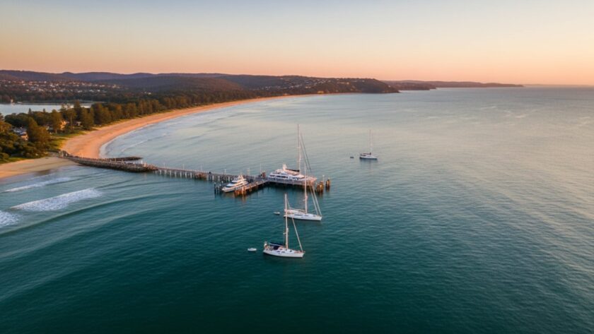 An epic, cinematic drone photograph showcasing Sorrento coastal drone photography breathtaking views. A golden sunset bathes the iconic Sorrento pier and tranquil waters in warm light, with luxury yachts anchored peacefully, captured from a high aerial perspective revealing the stunning coastline.