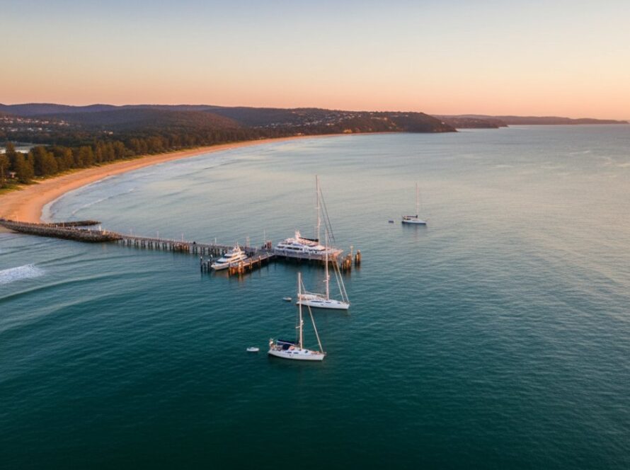 An epic, cinematic drone photograph showcasing Sorrento coastal drone photography breathtaking views. A golden sunset bathes the iconic Sorrento pier and tranquil waters in warm light, with luxury yachts anchored peacefully, captured from a high aerial perspective revealing the stunning coastline.