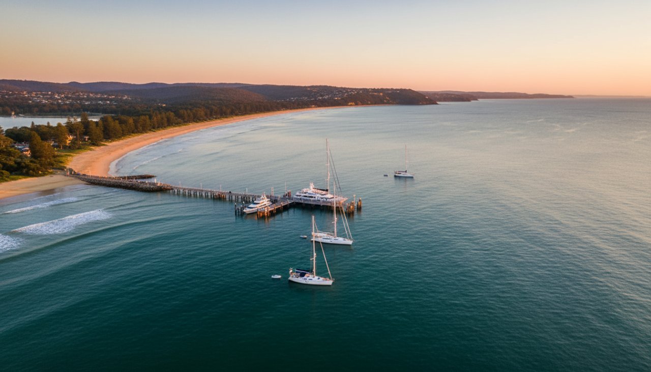 An epic, cinematic drone photograph showcasing Sorrento coastal drone photography breathtaking views. A golden sunset bathes the iconic Sorrento pier and tranquil waters in warm light, with luxury yachts anchored peacefully, captured from a high aerial perspective revealing the stunning coastline.