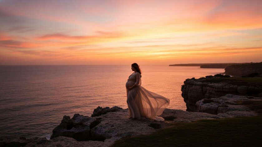 An expectant mother, radiant and serene, standing on the rugged clifftops overlooking the turquoise waters of Sorrento, Victoria, at sunset, capturing a timeless Sorrento coastal maternity photoshoot Victoria.