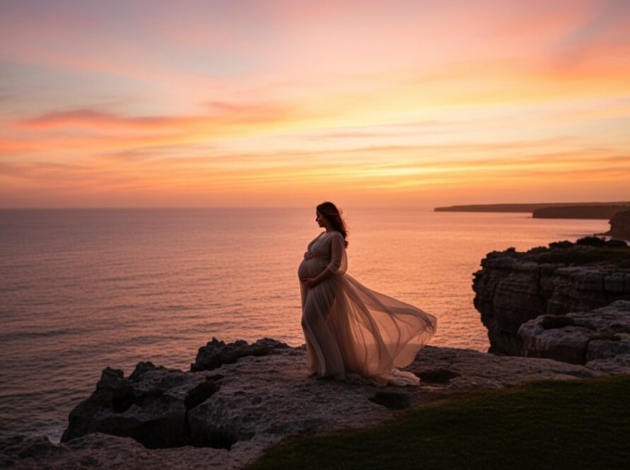 An expectant mother, radiant and serene, standing on the rugged clifftops overlooking the turquoise waters of Sorrento, Victoria, at sunset, capturing a timeless Sorrento coastal maternity photoshoot Victoria.