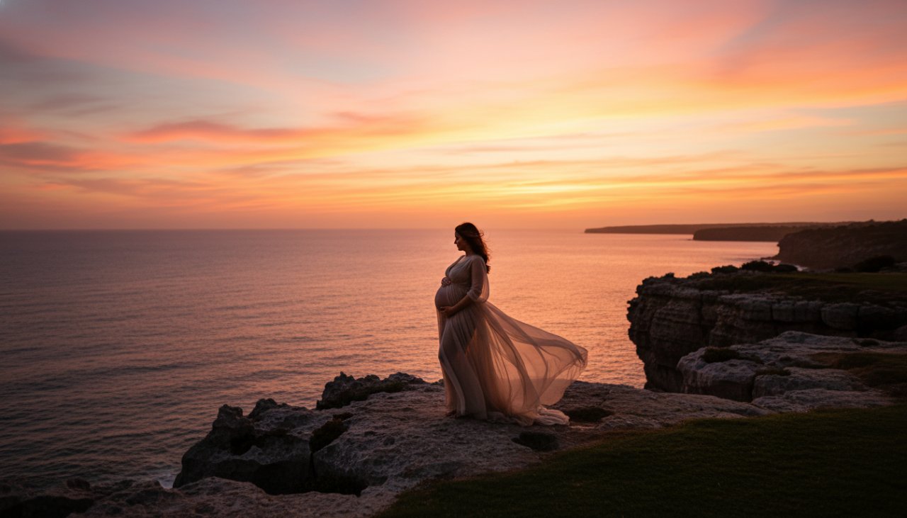 An expectant mother, radiant and serene, standing on the rugged clifftops overlooking the turquoise waters of Sorrento, Victoria, at sunset, capturing a timeless Sorrento coastal maternity photoshoot Victoria.