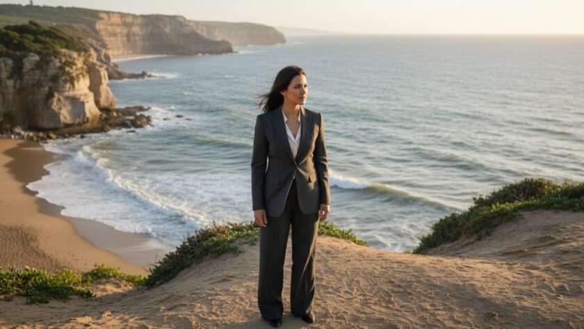 A confident female executive, dressed in smart business attire, looking directly at the camera with a warm, authentic smile, captured against the sun-drenched backdrop of Sorrento's iconic limestone cliffs and sparkling Port Phillip Bay. This dynamic shot embodies the essence of Sorrento corporate headshots for local professionals, showcasing professionalism merged with the relaxed coastal charm of the region.