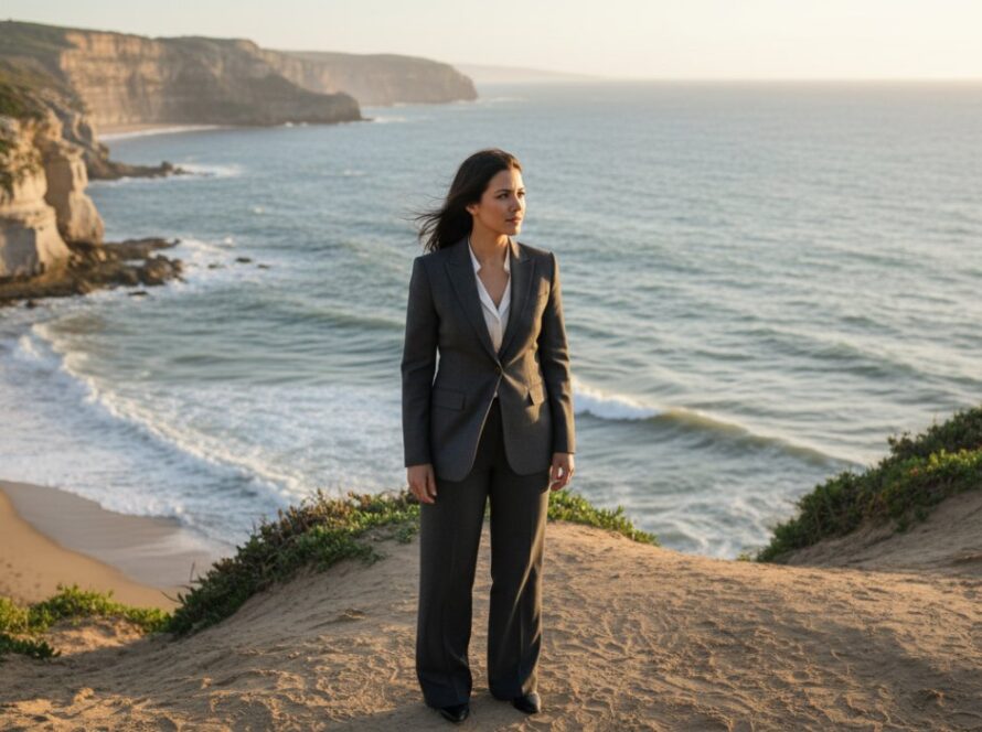 A confident female executive, dressed in smart business attire, looking directly at the camera with a warm, authentic smile, captured against the sun-drenched backdrop of Sorrento's iconic limestone cliffs and sparkling Port Phillip Bay. This dynamic shot embodies the essence of Sorrento corporate headshots for local professionals, showcasing professionalism merged with the relaxed coastal charm of the region.