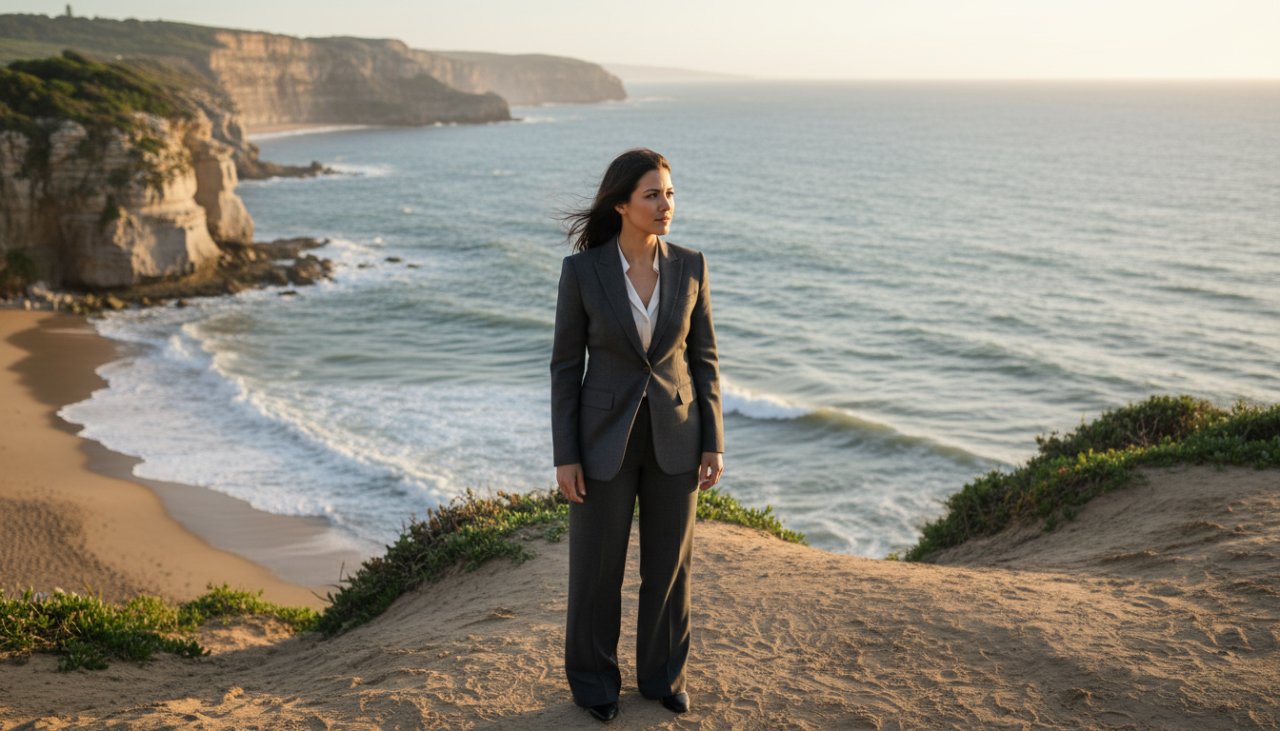 A confident female executive, dressed in smart business attire, looking directly at the camera with a warm, authentic smile, captured against the sun-drenched backdrop of Sorrento's iconic limestone cliffs and sparkling Port Phillip Bay. This dynamic shot embodies the essence of Sorrento corporate headshots for local professionals, showcasing professionalism merged with the relaxed coastal charm of the region.