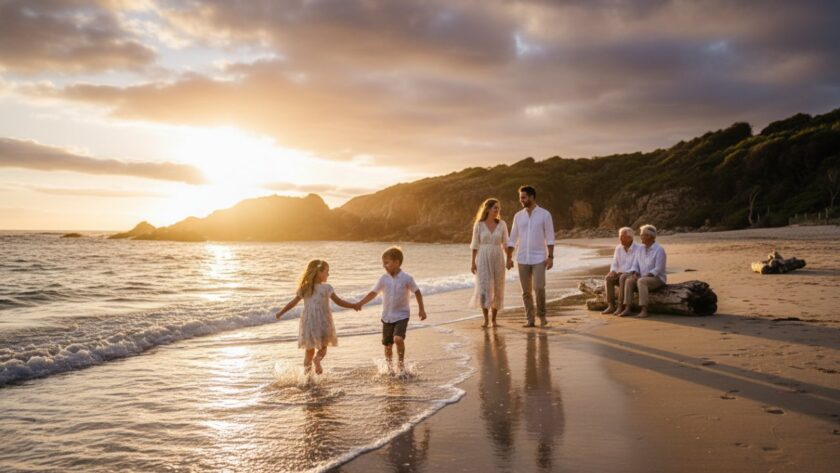 A vibrant Sorrento family photography capturing cherished moments, with parents laughing as their children splash joyfully in the turquoise waters of Port Phillip Bay at sunset, creating a warm, emotional beach portrait.