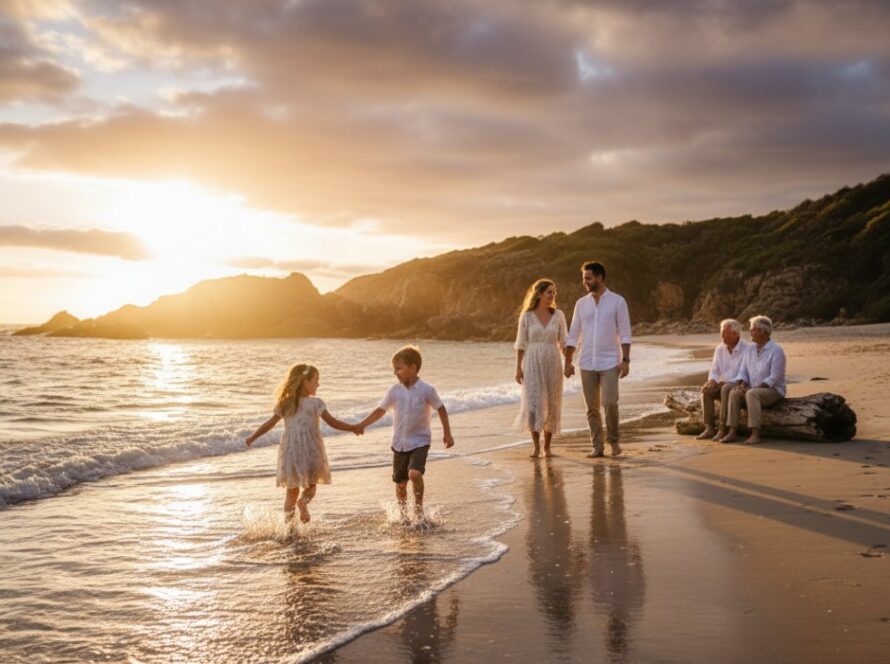 A vibrant Sorrento family photography capturing cherished moments, with parents laughing as their children splash joyfully in the turquoise waters of Port Phillip Bay at sunset, creating a warm, emotional beach portrait.