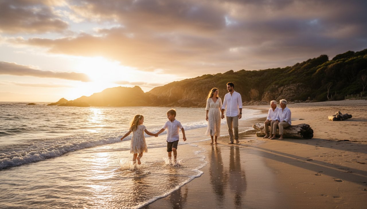 A vibrant Sorrento family photography capturing cherished moments, with parents laughing as their children splash joyfully in the turquoise waters of Port Phillip Bay at sunset, creating a warm, emotional beach portrait.