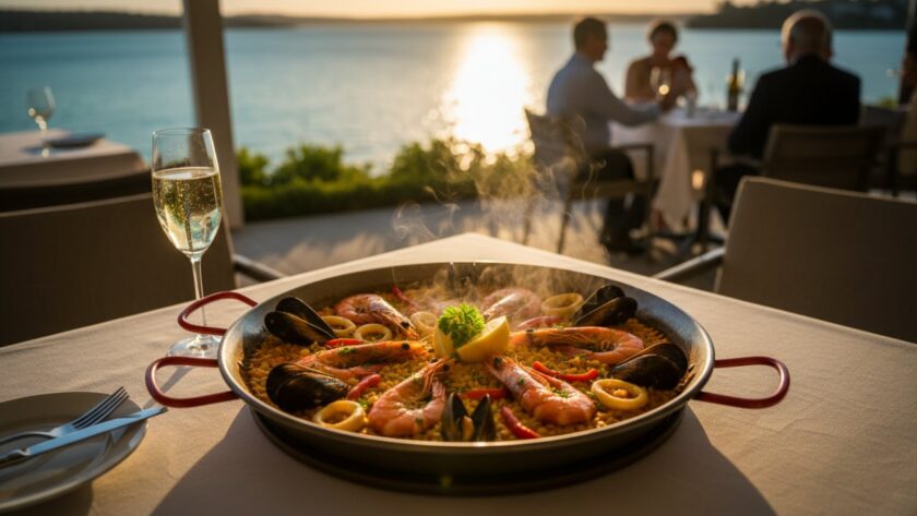 An overhead shot of a beautifully arranged seafood platter, showcasing fresh Sorrento food photography capturing coastal culinary delights, with the sparkling ocean visible in the background through a restaurant window, bathed in warm, natural light.