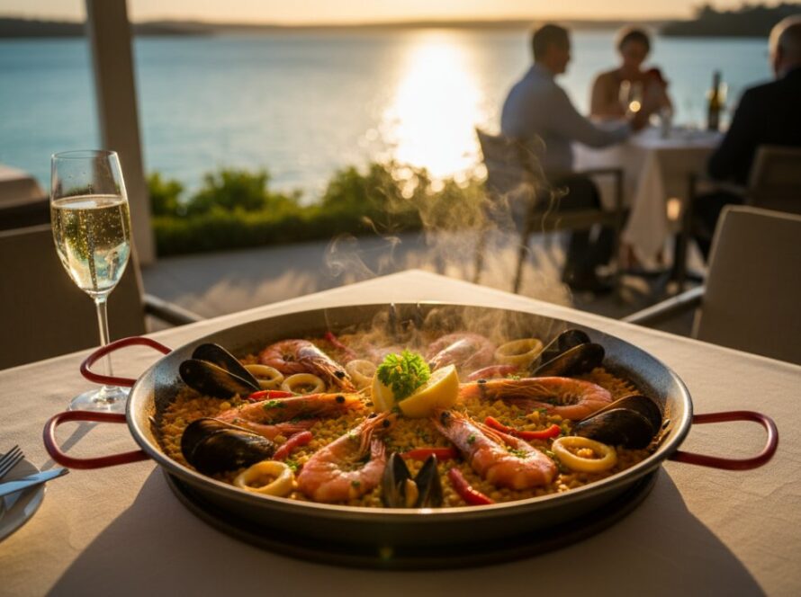 An overhead shot of a beautifully arranged seafood platter, showcasing fresh Sorrento food photography capturing coastal culinary delights, with the sparkling ocean visible in the background through a restaurant window, bathed in warm, natural light.