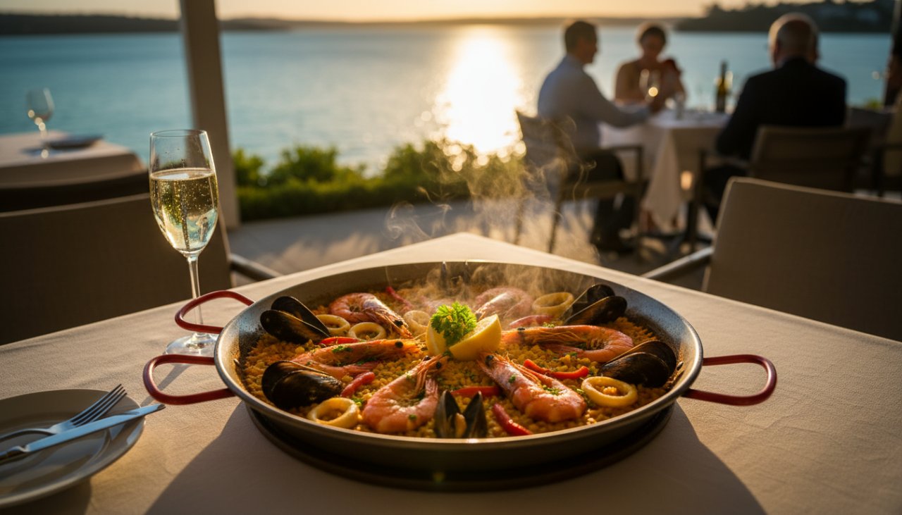 An overhead shot of a beautifully arranged seafood platter, showcasing fresh Sorrento food photography capturing coastal culinary delights, with the sparkling ocean visible in the background through a restaurant window, bathed in warm, natural light.