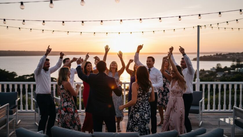 Vibrant Sorrento party photography capturing a joyous candid moment of guests dancing at a sunset celebration on a coastal venue balcony, with the sparkling ocean visible in the background.