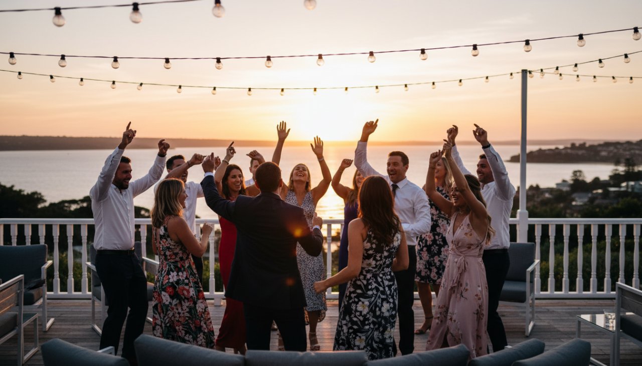 Vibrant Sorrento party photography capturing a joyous candid moment of guests dancing at a sunset celebration on a coastal venue balcony, with the sparkling ocean visible in the background.