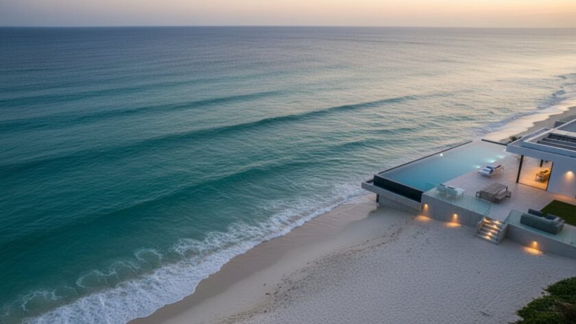 An expansive, cinematic aerial shot showcasing a magnificent Sorrento prestige property at golden hour, its infinity pool glinting under the setting sun, capturing the serene luxury and coastal allure essential for stunning sales.