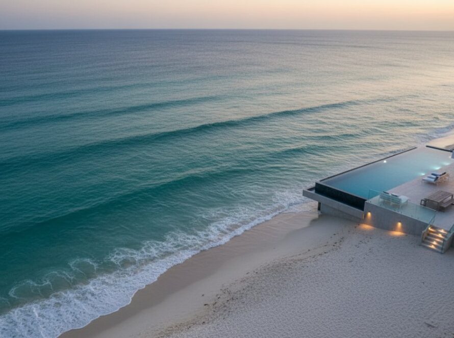 An expansive, cinematic aerial shot showcasing a magnificent Sorrento prestige property at golden hour, its infinity pool glinting under the setting sun, capturing the serene luxury and coastal allure essential for stunning sales.