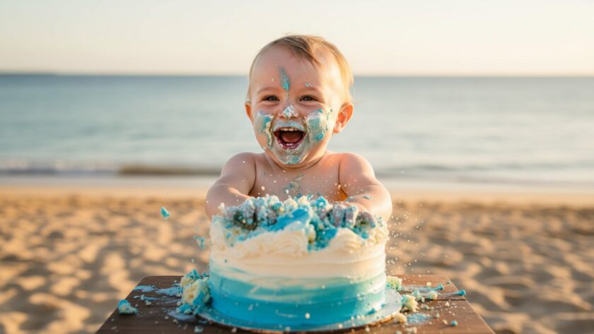 A jubilant toddler covered in cake, laughing wholeheartedly with frosting on their nose, celebrating their first birthday on the sandy shores of Sorrento, Victoria, capturing the essence of Sorrento Victoria Cake Smash Photography and pure, unadulterated joy.
