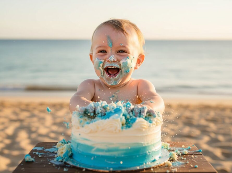 A jubilant toddler covered in cake, laughing wholeheartedly with frosting on their nose, celebrating their first birthday on the sandy shores of Sorrento, Victoria, capturing the essence of Sorrento Victoria Cake Smash Photography and pure, unadulterated joy.