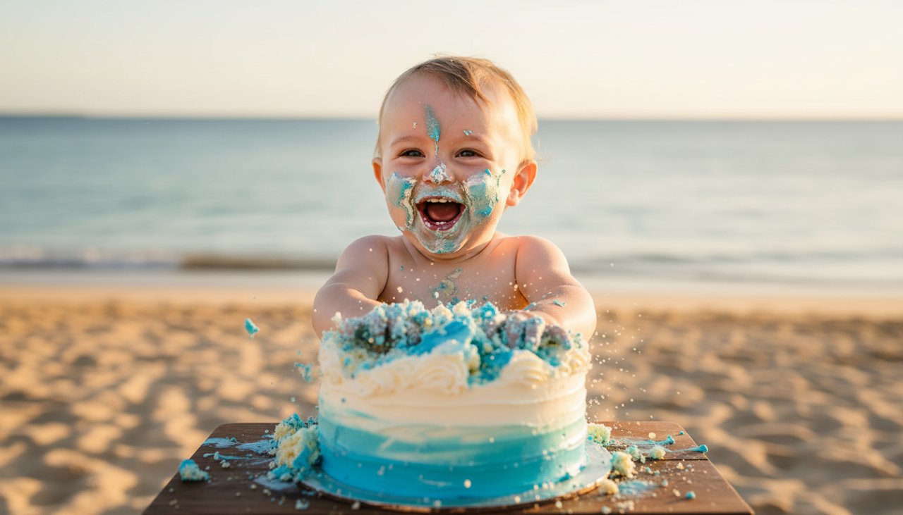 A jubilant toddler covered in cake, laughing wholeheartedly with frosting on their nose, celebrating their first birthday on the sandy shores of Sorrento, Victoria, capturing the essence of Sorrento Victoria Cake Smash Photography and pure, unadulterated joy.