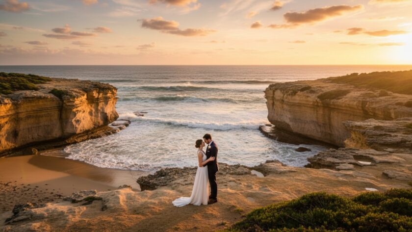 A breathtaking, emotionally resonant fine art coastal portrait taken in Sorrento Victoria, featuring a couple embracing on rugged limestone cliffs at sunset, with golden light reflecting off the serene ocean, embodying an epic moment of connection.