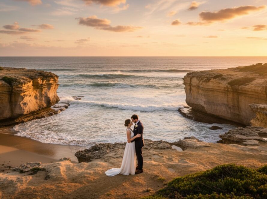 A breathtaking, emotionally resonant fine art coastal portrait taken in Sorrento Victoria, featuring a couple embracing on rugged limestone cliffs at sunset, with golden light reflecting off the serene ocean, embodying an epic moment of connection.