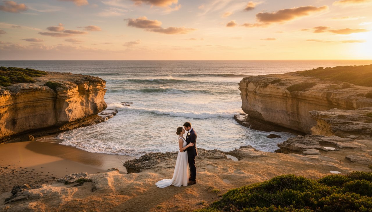 A breathtaking, emotionally resonant fine art coastal portrait taken in Sorrento Victoria, featuring a couple embracing on rugged limestone cliffs at sunset, with golden light reflecting off the serene ocean, embodying an epic moment of connection.